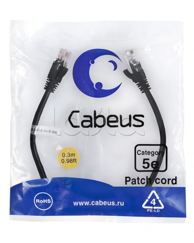Патч-корд медный U/UTP кат.5е (0,3м) LSZH (черный) Cabeus (PC-UTP-RJ45-Cat.5e-0.3m-BK-LSZH) в Нижнем Тагиле Патчкорды (медные) Pintop.ru